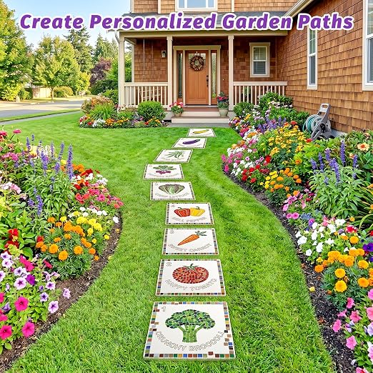 U0U 5Pcs Stepping Stone Kit Includes 12inch Square Cement Molds,Mosaic Tiles and Carving Tools,DIY Garden Stepping Stone Kit for Kids,Outdoor Walkways Pavement Decoration (No Concrete Mix)