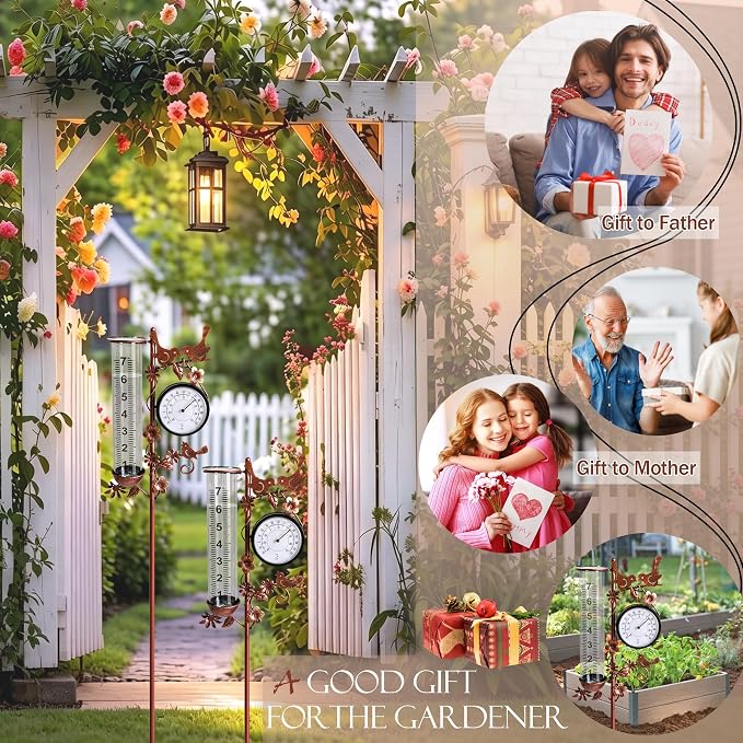 Accurate Rain Gauge with Thermometer, 7" Rain Gauges Outdoors Best Rated, Freeze Proof & Weatherproof, Large Rain Gauge Outdoor Decorative for Yard Lawn Garden(Hummingbird & Flower)