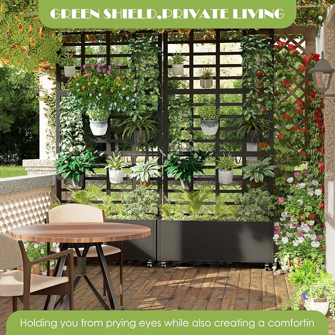 Metal Planter Box with Trellis for Climbing Plants, 74.8"x35.83"x15.16" Raised Garden Bed with Privacy Screen, Outdoor Planter with Drainage Holes, Black