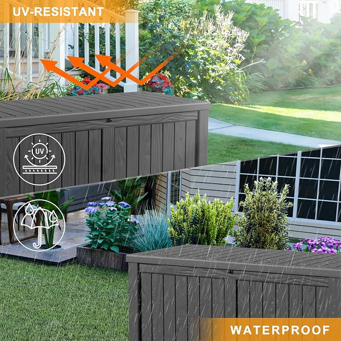 150 Gallon Outdoor Storage Box Waterproof, Resin Lockable Deck Box with Lid, Large Capacity Weatherproof Container for Patio Furniture Pool Accessories, Side Table(Black, 150 Gallon)