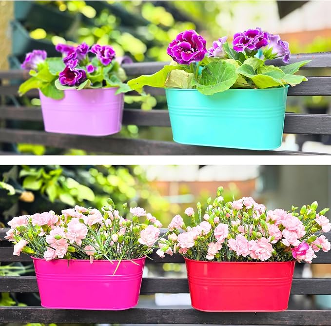 LaLaGreen Rail Planter (11.8 Inch, 6 Pack) Colorful Outdoor Hanging Flower Metal Planters Railing Fence Balcony Gardening for Apartment Patio Modern Garden Style Iron Deck Decoration Porch Decor Pots
