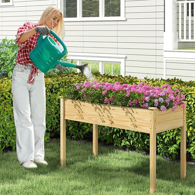 Giantex Raised Garden Beds Set of 2, Elevated Wood Planter Box with Liner, 47"x23"x30" Freestanding Raised Bed for Indoor Outdoor Plants, Vegetables Flower Herbs Fruit Gardening