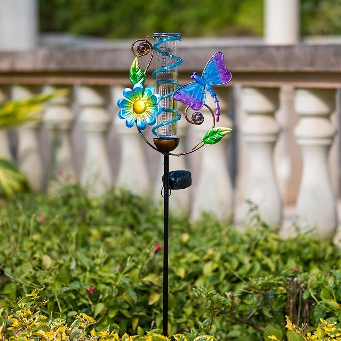 Rain Gauge Outdoor, Solar Rain Gauges for Yard, Freeze Proof Rain Gauge with 7" Plastic Tube, Metal Dragonfly Decorative Water Gauge with Led Light