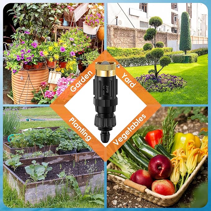 Drip Irrigation Faucet Adapter 25 PSI, 1/4" Tubing Quick Connect to 3/4" Garden Hose with Backflow Preventer, Filter, Tape, Pressure Regulator, Copper Drip Irrigation System Fittings (2 Pack)