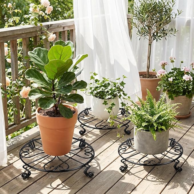 NSYOOMH 2 pack 8" Rustproof Black Metal Plant Stands Heavy Duty Plants Holder Outdoor Indoor, Round Wrought Iron Sturdy Flower Planter Pot Stand, Corner Gardening Inside Potted Plant Riser - 8Inches
