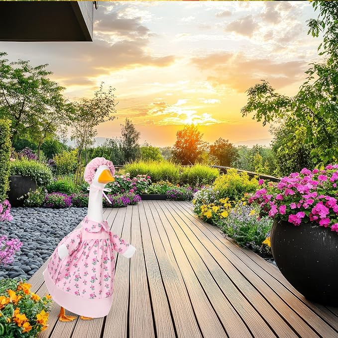 FuWeave Summer Spring Goose Outfit Pink Flower Porch Goose Clothes for 23" Large Statue Outdoor Patio Yard Lawn Art Decoration