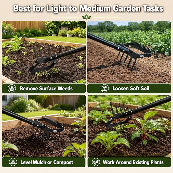 Gardzen 70" Garden Hoe for Weeding, Long Handle Hula Tool with Serrated Blade, Heavy Duty 2-in-1 Stirrup Scuffle Weeder, 5-Tine Cultivator Rake for Loosening Soil and Planting