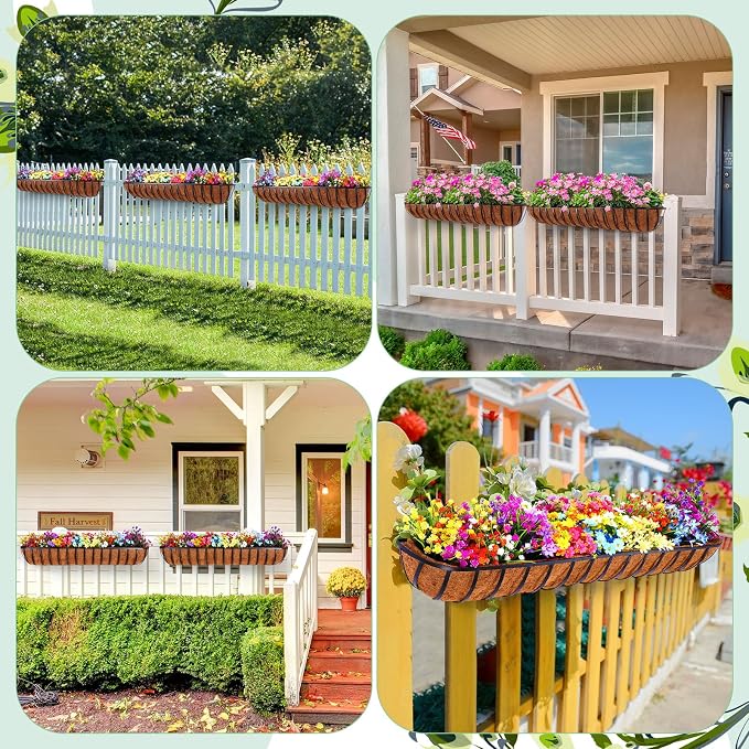 Tessco for you 2 Pack 48 Inch Window Baskets with Coconut Liner 4 Adjustable Flower Brackets Window Deck Planters Boxes Railing Planter Metal Hanging Flower Planter for Indoor Outdoor Lawn
