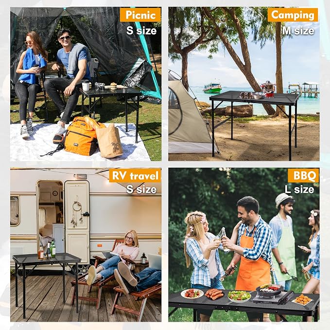 GREGIN Camping Table with Mesh Desktop, Lightweight & Portable Small Folding Grill Table, Height Adjustable Metal Outdoor Table for Camp, Cooking, BBQ, RV, Picnic-2 FT Black
