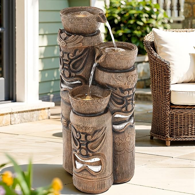 31" Outdoor Fountain, 3-Tier Tiki Head Bowl Water Feature with LED Lights, Tropical Resin Soothing Cascading Waterfall for Patio, Backyard, Garden or Porch