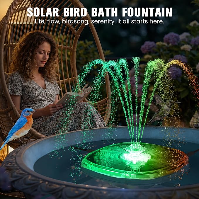 Solar Fountain Pump for Bird Bath,2026 Solar Powered Water Fountain Pump with Lights, 4000mAh Large Battery Solar Bird Bath Fountains Outdoor,9 Spary Modes Solar Birdbath Fountains for Pond,Pool-White