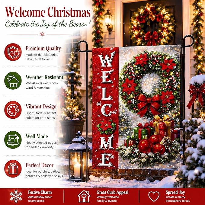 Christmas Decorations - Xmas Wreath Welcome Garden Flag | Christmas Party Decor Favors Supplies for Outdoor Outside - Red Wreath Double Sided Backdrop Banner for Garden Porch Patio Lawn Yard