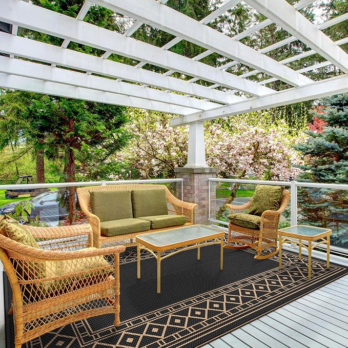 GENIMO Outdoor Rug 5'x8' Waterproof for Patio, Reversible Outdoor Plastic Straw Rug Carpet, Camping Mats for Outdoor Decor, RV, Backyard, Deck, Balcony, Picnic, Black & Brown