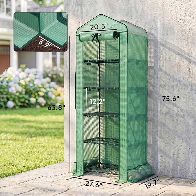 Outsunny 5 Tier Mini Greenhouse with Screen Roof, 27.6" x 19.7" x 75.6", Portable Small Greenhouse with High Strength PE Cover, Roll-Up Zipper Door for Garden Yard Backyard, Green