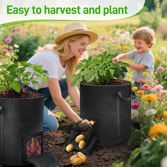 4 Pcs 15 Gallon Potato Grow Bags with Harvest & Visible Windows, Thickened Nonwoven Fabric Potato Planter,Potato Growing Containers with Sturdy Handles, Potato Bags for Growing Potatoes Vegetables