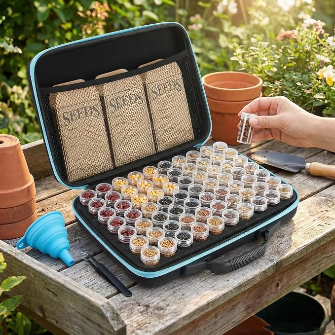 60 Slots Seed Storage Organizer with 10 Seed Envelopes,Sturdy Seeds Saving Storage Box with Zipper Bag Label Stickers(Seeds not Included), Seed Storage Container for Flower Plants Garden (60 Slots)