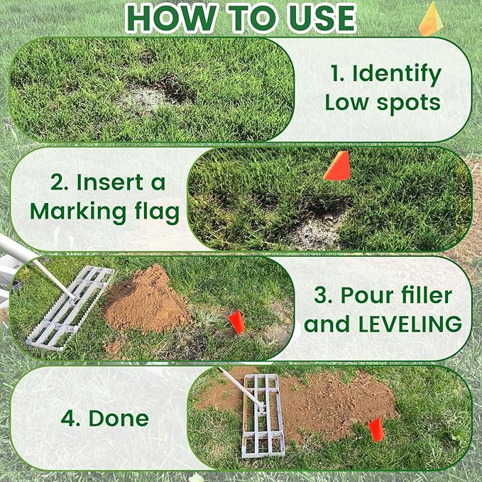 Lawn Leveling Rake, 2-in-1 Double-Sided Landscape Leveler with 20 Marking Flags for Low Spot, 30"Γ10" Heavy Duty Stainless Steel Flat & Serrated Side for Soil Sand Gravel, Yard Garden Golf Course