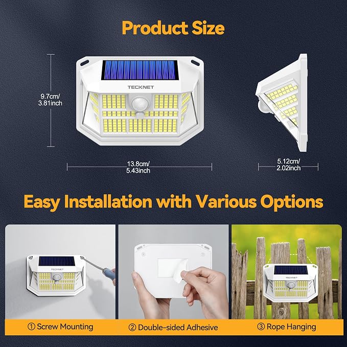 TECKNET 231 LED Solar Motion Lights Outdoor, 300° Angle & 3 Lighting Modes, PIR Motion Sensor & IP65 Security Solar Wall Lights for Fence Front Door Yard Deck Garden Garage(6 Pack)