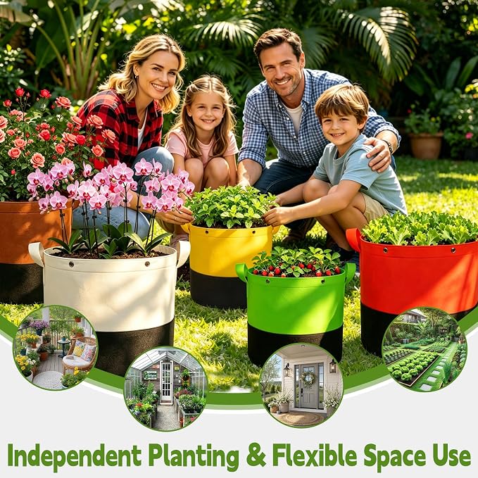 5-Pack 10 Gallon Grow Bags,Two-Tone Patchwork Planting Bags, 350G Thick Breathable Fabric Plant Pots, Reusable Planter Bags with Drainage Holes for Garden Vegetables Fruits Planting
