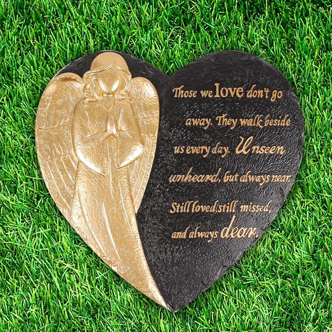 10 Inch Heart Shaped Angel Garden Mmeorial Stones, Memorial plaques for Outdoors, Memorial Garden Angel Decor, in Memory Garden Stones, Memorial Gifts (Black Heart Angel)