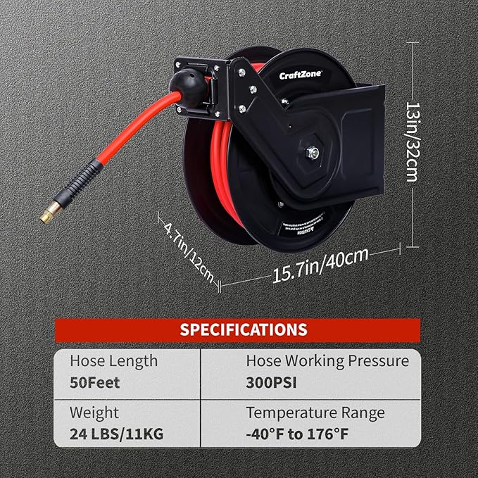 Retractable Air Hose Reel | Rewind 50 ft x 3/8 in Hybrid Air Hose Max 300PSI | Heavy Duty Air Compressor Hose Reel with Auto Rewind and Bracket | Ceiling|Wall Mount for Garage|Workshop|Home Studio