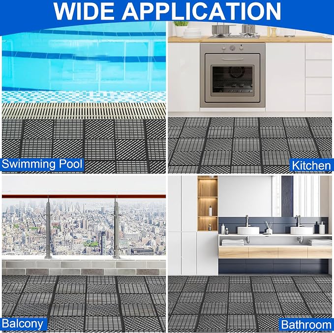 MYFAMIREA Modular Interlocking Cushion 12 Pack 11.8" x 11.8" Rubber Floor Tiles Non-Slip Splicing Drainage Mats for Deck, Pool, Shower, Patio, Balcony, Bathroom, Kitchen, Yard (Diagonal, Black)
