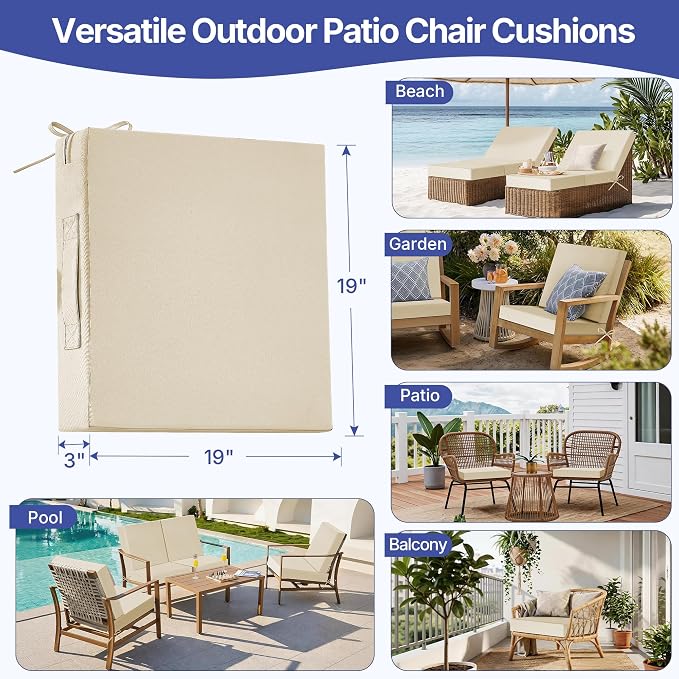 Outdoor Chair Cushions Set of 4 for Outdoor Patio Furniture, Waterproof Patio Seat Cushions with Handle & Ties, 3 Year Color Fastness Square Garden Sofa Couch Pads, 19" x 19" x 3", Beige