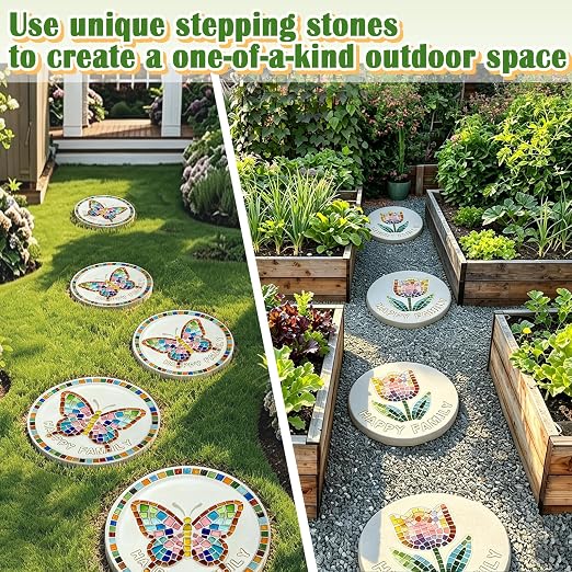 10 Set Reusable DIY Stepping Stone Mold Kit for Family Includes Round Cement Molds, Mosaic Tiles,Letter Mold Tiles,Carving Tools,Mat & Wire Outdoor Walkways Pavement Decoration ((10")