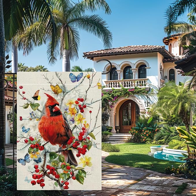 Spring Summer Cardinal Bird Butterfly Floral Garden Flag 12x18 Inch Double Sided, Welcome Yard Decor, Farmhouse Outdoor Flag for Lawn Patio Porch