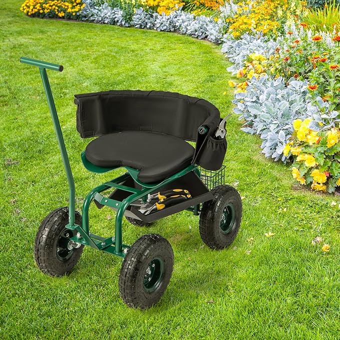 Goplus Rolling Garden Seat with Wheels, Outdoor Garden Cart with 360° Swivel Seat & Tool Storage, 2 Steering Handles, Gardening Stool Wagon Scooter, Lawn, Patio Gardening Workseat for Seniors