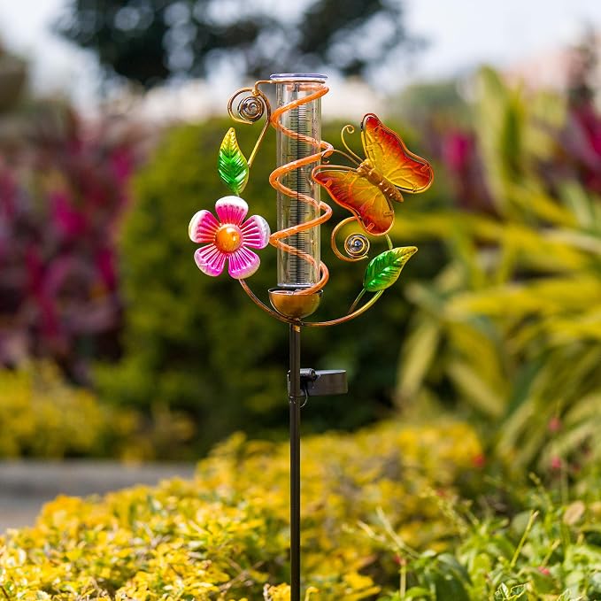 Rain Gauge Outdoor, Solar Rain Gauges for Yard, Butterfly Freeze Proof Rain Gauge with 7" Plastic Tube, Metal Decorative Water Gauge with Led Light