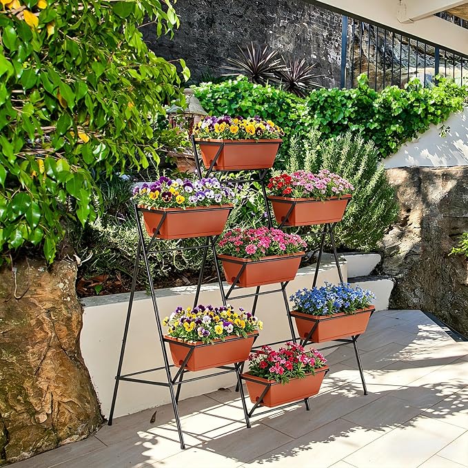 Raised Garden Bed Outdoor Indoor Elevated Tiered Standing Planter Box with Legs Vertical Plastic 7 Planter Boxes Herbs Flowers Vegetables for Backyard Patio Balcony, Red
