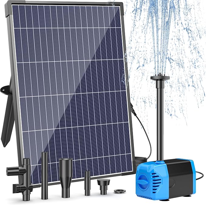 POPOSOAP 12W Solar Water Fountain Pump, 160GPH Submersible Solar Pump with 4 Nozzles & 16.4FT Cable, Dry Run Protection Solar Pond Pump for Bird Bath, Garden Pond, Fish Tank, DIY Water Feature-P112L