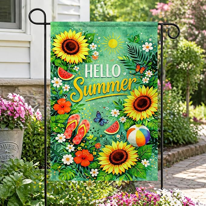 Summer Party Decorations - Summer Garden Flag 12x18 Double Sided Floral Welcome Yard Decor | Summer Farmhouse Accessories Backdrop Favors Supplies Decor for Garden Yard Porch Patio Lawn Outdoor Outside