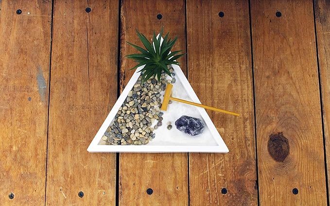 Nature's Mark Mini Zen Garden Kit with White Sand, Rake, White Base, Salt Rock and Air Plant (Triangle)