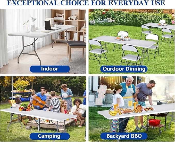 2 Pack 8FT White Folding Table for Outdoor, 8 Foot Picnic Tables No Assembly Required Portable, White Foldable Table for Camping, Parties, Meeting, Events, Wedding, with Carrying Handle