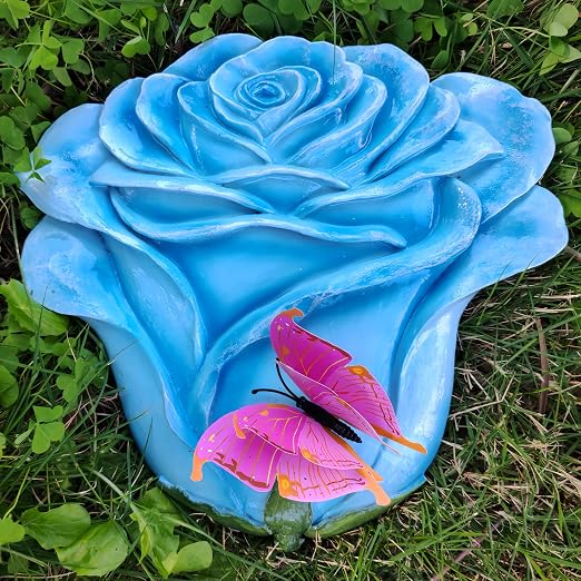 Garden Stepping Stones Outdoor Walkway – Resin Rose Flower Pavers for Path, Lawn & Backyard – Round Decorative Yard Art Decor – Set of 2, Blue