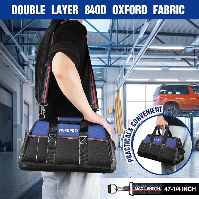WORKPRO 16-inch Wide Mouth Tool Bag, Heavy Duty Cloth Tool Storage Bag with Water Proof Molded Base, Adjustable Shoulder Strap, Father Day Gifts for Men