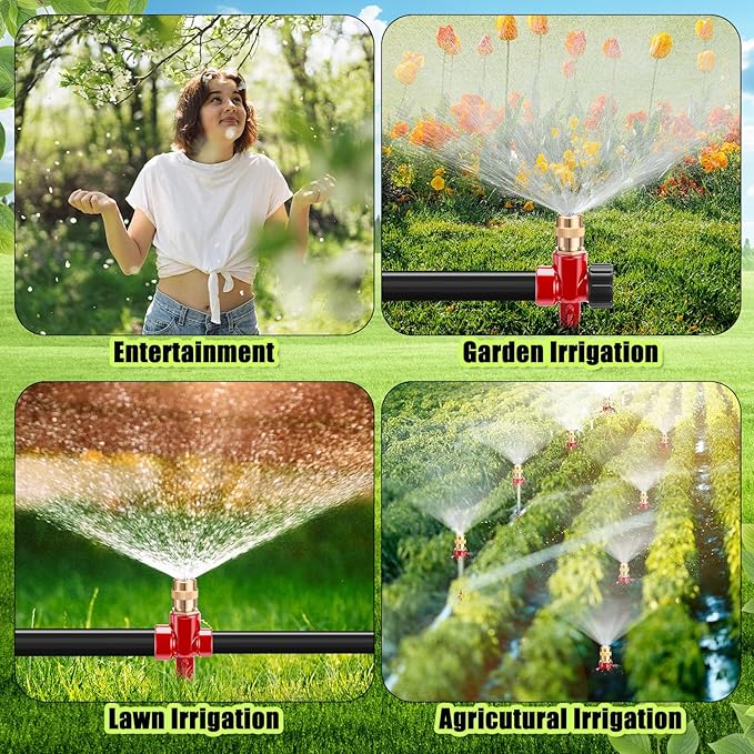 Tioncy 4 Pack Metal Lawn Sprinkler Automatic Garden Water Sprinkler on Spike Base 360 Degree Rotation with Adjustable Brass Nozzle for Lawn Garden Yard (Red)