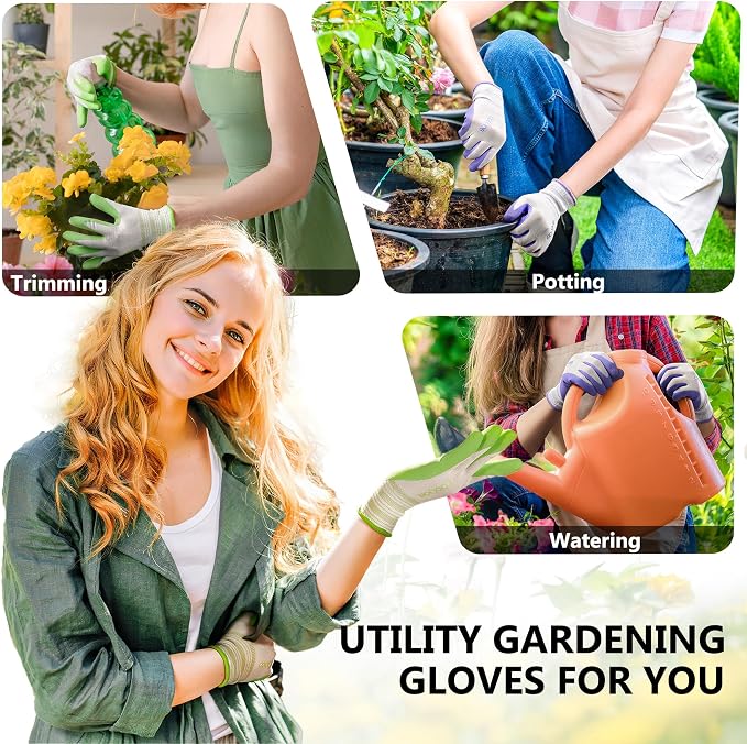 COOLJOB 6 Pairs Gardening Gloves for Women Ladies, Breathable Rubber Coated for Yard Garden, Outdoor Indoor Protective Work, Large, Lavender Purple & Apple Green