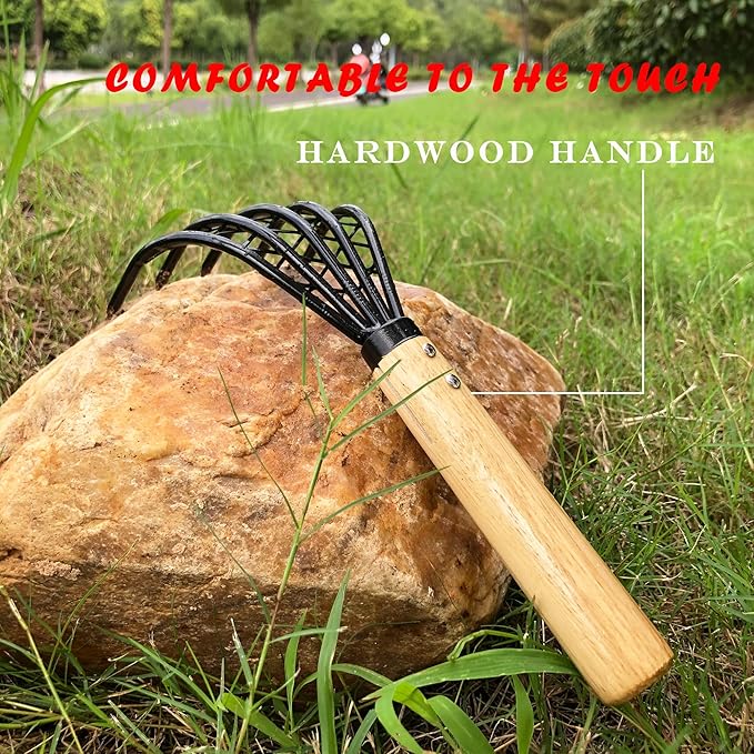 Garden Rake 5-Claw Landscape Dethatcher Thatching Beach Combing Rake for Digging Clam Shell Defoliation Hoe Garden Tool for Loosen The Soil (Brown)