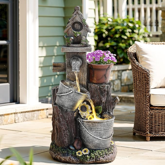 20" 3-Tier Resin Birdhouse Water Fountain, Pastoral Cascading Bucket Water Feature with LED Lights, Soothing Outdoor Fountain for Patio Backyard Garden Porch