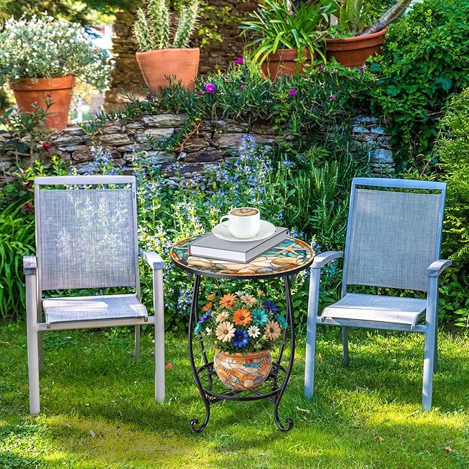 Cinnvoice Outdoor Side Table Round Small Mosaic Patio Accent Indoor End Plant Coffee Tea Table for Yard Patio Porch Garden Living Room, Bedroom(Beach Starfish Style,14 Inch)