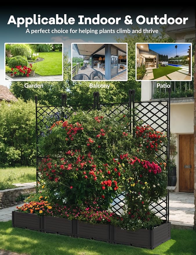 4 PCS Raised Garden Bed with Trellis & Privacy Screen, 66" Wide x 63" Tall Vertical Garden Planter Box for Climbing Plants, Large Outdoor Privacy Screen for Patio, Balcony, Yard, Garden Black