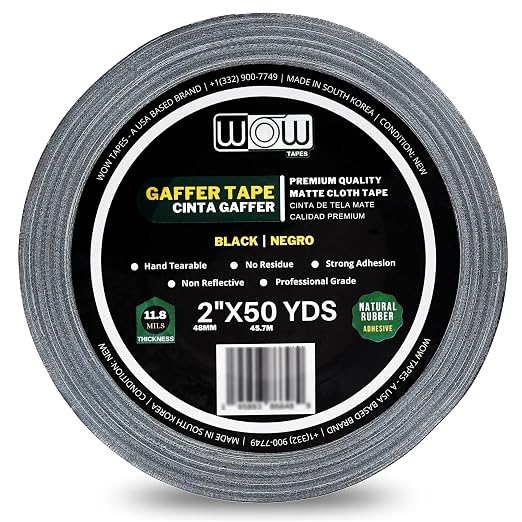 Wow Gaffers Tape 2 Inch Black - 50 Yards, Residue Free, Non-Reflective & Heavy-Duty - Professional Grade Gaff Tape - Ideal for Photography Backdrop, Cables, Cords & Floor Taping