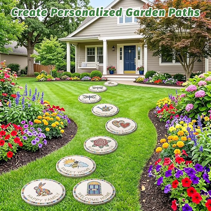 U0U Stepping Stone Kit Includes 4 Size Round Cement Molds,Mosaic Tiles and Carving Tools,DIY Garden Stepping Stone Kit for Kids,Family,Outdoor Walkways Pavement Decoration (No Concrete Mix)