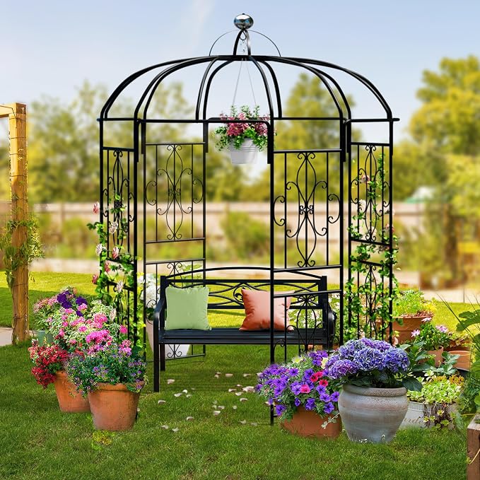 Birdcage Shape Garden Arch Arbors, 9.8'H x 6.8'W (81.5"W x 118"H) Pergola Pavilion for Climbing Plants Outdoor, Wedding Arches for Ceremony Party, Metal Garden Arbor for Patio, Backyard (Black)