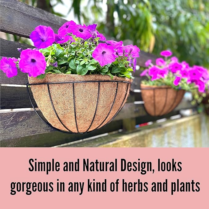 LaLaGreen Large Wall Flower Baskets, 4 Pack, 16 Inch Rail Planter for Outdoor Plants, Metal Wire Plants Holders with Coco Liner Outside Fence Balcony Garden Pots Railings Hanging Deck Porch Decor