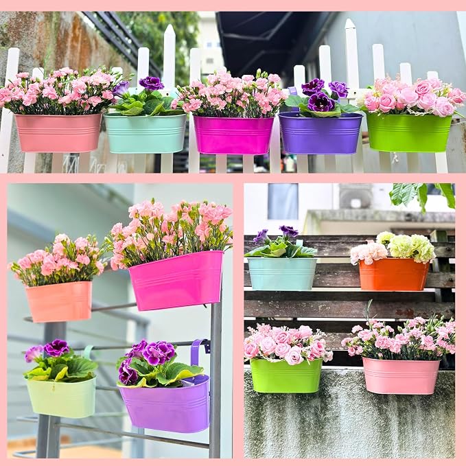 LaLaGreen Rail Planter (11.8 Inch, 6 Pack) Colorful Metal Hanging Flower Pots Railing Fence Balcony Gardening for Apartment Patio Planters Modern Garden Style Iron Outdoor Decoration Porch Decor