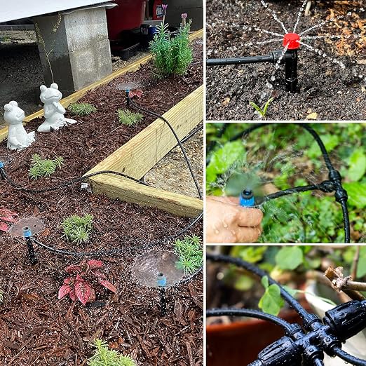 Maotong 100FT 1/4 inch New Quick-Connect Drip Irrigation Kit Distribution Hose Tubing for Garden Irrigation System (Includes 2 Pcs 6-Way Connector, 5 Pcs 1/4" Tee and 10 Pcs End Plugs)